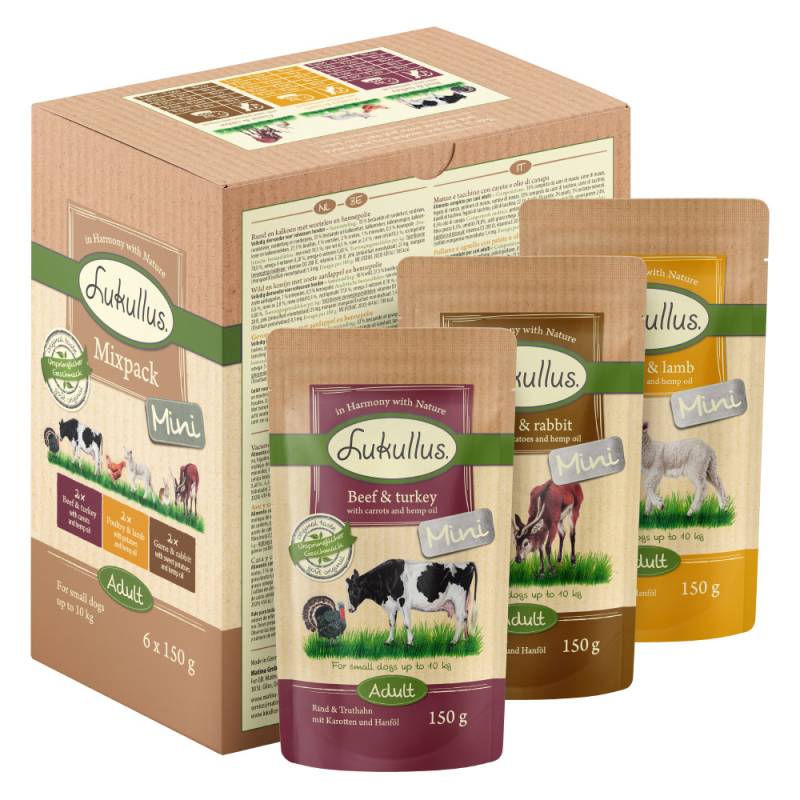 Sparpaket Lukullus Mini Frischebeutel 24 x 150 g - Mix: Rind & Truthahn / Wild & Kaninchen / Geflügel & Lamm von Lukullus