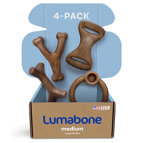 Lumabone Real Bacon Medium 4-Pack Durable Dog Chew Toys for Aggressive Chewers, Made in USA - Wishbone, Ring Stuffer, Dental Chew, Stick von Lumabone