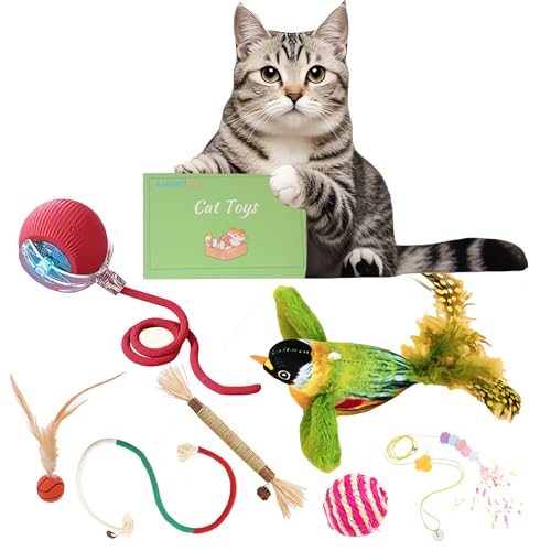 LummiPlay Katzenspielzeug Pack für Indoor-Katzen für Katzen, 7 Stück, Automatischer Rollball, Zwitscher-Vogel, Federball, Sisalball, Silvervine Stick, Sisalseil, hängende Hüpfraupe von LummiPlay