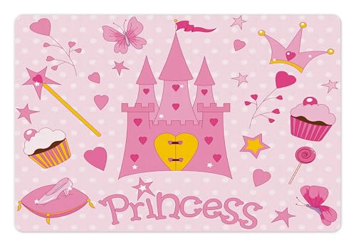 Lunarable Cartoon-Haustiermatte für Futter und Wasser, kleine Cartoon-Tiara-Hausschuhe Schloss Schmetterling Herz Lollipop Zauberstab Cupcake, 45.7x30.5 cm, Gelb Weiß Rosa von Lunarable