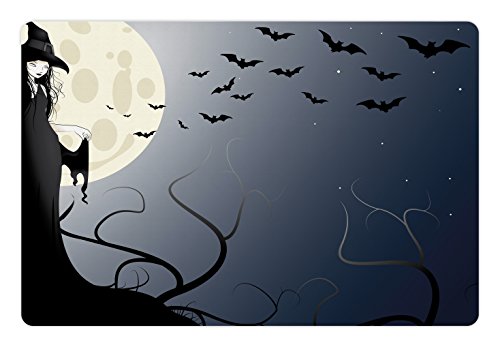 Lunarable Halloween-Haustiermatte für Futter und Wasser, Hexe in der Dämmerung auf hohem Hügel bei Nacht, magische Geschichte, rutschfeste Gummimatte für Hunde und Katzen, 45,7 x 30,5 cm, Nachtblaue von Lunarable