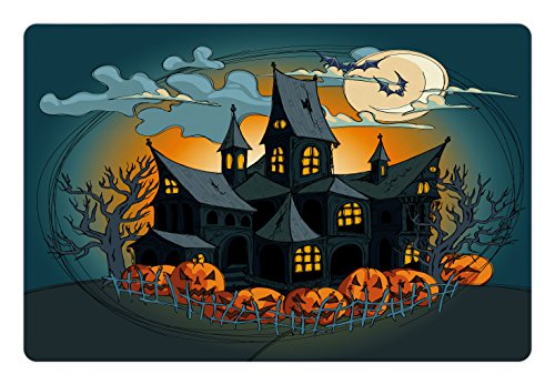 Lunarable Halloween Haustiermatte für Futter und Wasser, Mittelalterliche Spukburg mit Garten Kürbisse Dunkle Wolken Gruselige Nächte Druck, Rechteck rutschfeste Gummimatte für Hunde und Katzen, von Lunarable