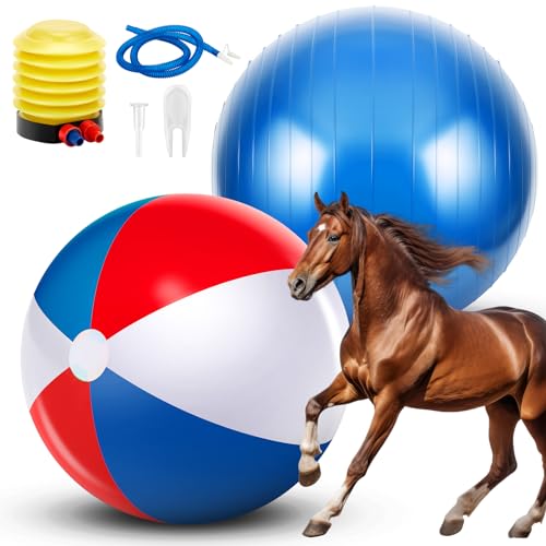 Lunmon Herding Ball für Pferde, Ziegen, Anti-Burst, großer riesiger Spielball für Pferde, Stalltraining, Handluftpumpe im Lieferumfang enthalten, 2 Stück (klassische Dreifarben) von Lunmon