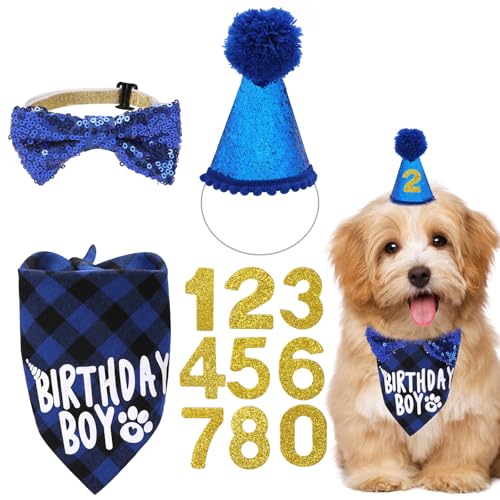 Hunde Geburtstag Set Hund Geburtstag Hut Bandana Krawatten Halstuch Fliege Für Hund Geburtstagsoutfit Hunde Geburtstags Party Dekorationen Für Kleine MittelgroßE Und Große Hunde(Blau) von Lusofie