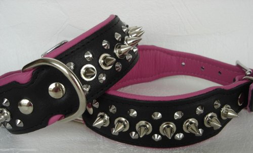 Hunde Halsband - Halsumfang 33-41cm/40mm, Leder+Nieten Schwarz-PINK (PL.312/13.68) von Lusy011