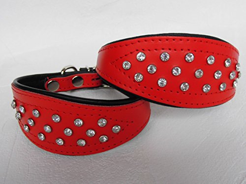 WINDHUND Podenco Halsband, Halsumfang 27-33cm/50mm, Leder + Kristalen ROT (847) von Lusy011