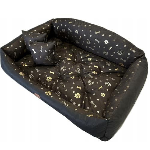 Lux4Kids Hundebett in 4 Größen und 3 Designs| Schmutzabweisend mit Pfötchen Print Black Gold 100 cm x 75 cm von Lux4Kids