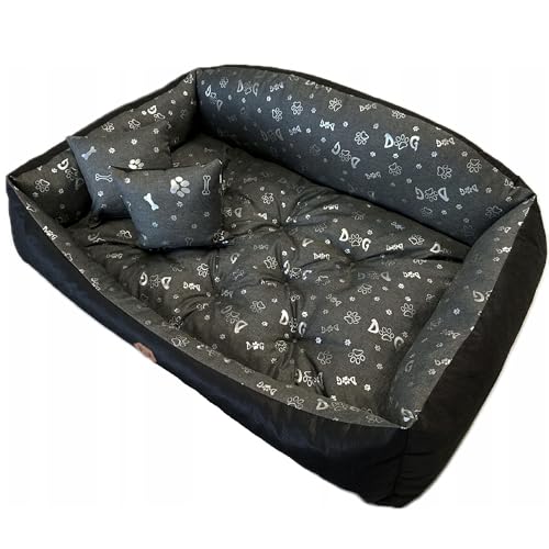 Lux4Kids Hundebett in 4 Größen und 3 Designs| Schmutzabweisend mit Pfötchen Print Black Silver 100 cm x 75 cm von Lux4Kids