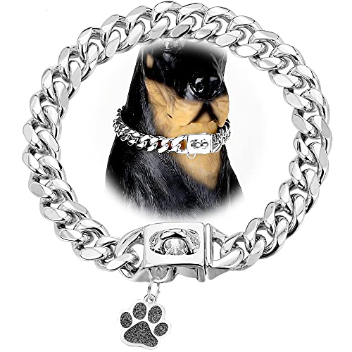 Hundehalsband, kubanisches Gliederhalsband, silberfarben, 12 mm, mit sicherem Druckknopf, Glocke und Etikett, Edelstahl-Metallhalsband für große, mittelgroße Hunde (12 mm, 50,8 cm) von LuxLife