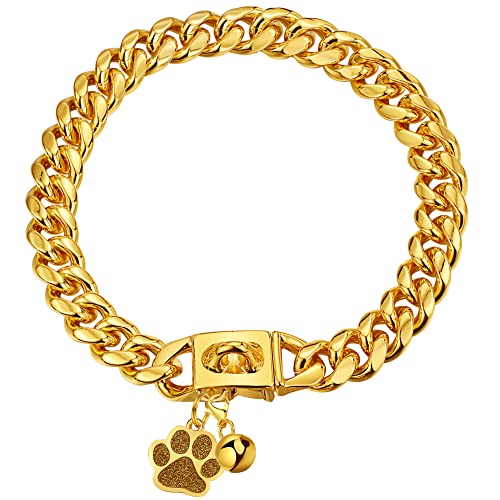 LuxLife Cuban Link Hundehalsband, Goldkette, Hundehalsband, 12 mm, mit sicherer Schnappschnalle, 18 Karat Gold, Hundehalsband, Metall, Edelstahl, mit Erkennungsmarke und Glocke für Welpen, kleine, mittelgroße und große Hunde (50,8 cm) von LuxLife