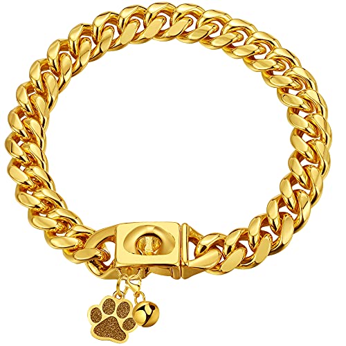 LuxLife Cuban Link Hundehalsband, goldfarben, 16 mm, Hundehalsband, mit Druckknopfschnalle, 18 Karat Gold, Miami, Edelstahl, Metallhalsbänder für Welpen, kleine, mittelgroße und große Hunde, mit Erkennungsmarke und Glocke (50,8 cm) von LuxLife