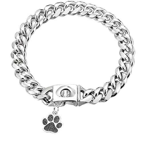 LuxLife Hundehalsband, Edelstahl, 10 mm, kubanische Glieder, Hundehalsband, Metall-Hundekette mit Schnappschnalle, Erkennungsmarke und Glocke für Welpen, kleine, mittelgroße und große Hunde (35,6 cm) von LuxLife