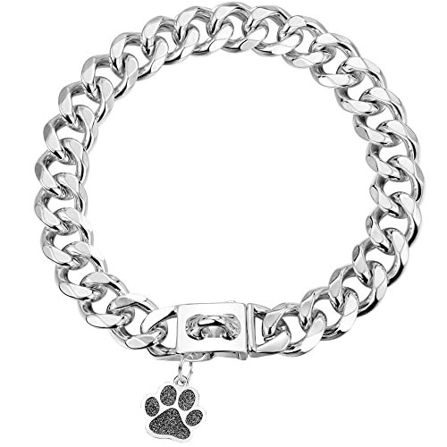 LuxLife Hundehalsband, Edelstahl, Hundehalsband, 19 mm, kubanische Glieder, Hundehalsband, Metall, Hundekette mit Druckknopfschnalle, Erkennungsmarke für Welpen, kleine, mittelgroße und große Hunde (55,9 cm) von LuxLife