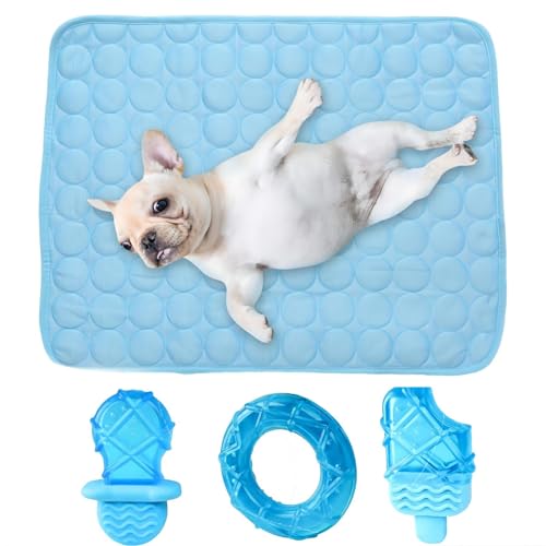 Luxetoys Haustier Kühlmatte und Gefrorenes Kauspielzeug Set Hundeeismatte mit Haustierspielzeug Sommer für Hunde und Katzen (Blaue Matte und 3 Stück Kauspielzeuge, 100×150cm) von Luxetoys