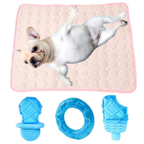 Luxetoys Haustier Kühlmatte und Gefrorenes Kauspielzeug Set Hundeeismatte mit Haustierspielzeug Sommer für Hunde und Katzen (Rosa Matte und 3 Stück Kauspielzeuge, 100×150cm) von Luxetoys