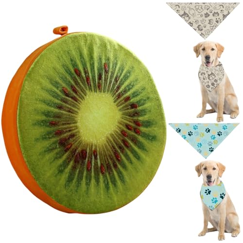 Runde Haustierbett-Kissen Lustiges Obst-Muster Weiches Kissen-Pad mit 2 Stück Haustier-Sabbertüchern 39 cm Bettmatte für Hunde und Katzen (Beidseitige Kiwifrucht) von Luxetoys
