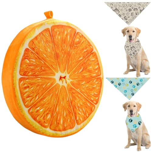 Runde Haustierbett-Kissen Lustiges Obst-Muster Weiches Kissen-Pad mit 2 Stück Haustier-Sabbertüchern 39 cm Bettmatte für Hunde und Katzen (Beidseitige Orange) von Luxetoys