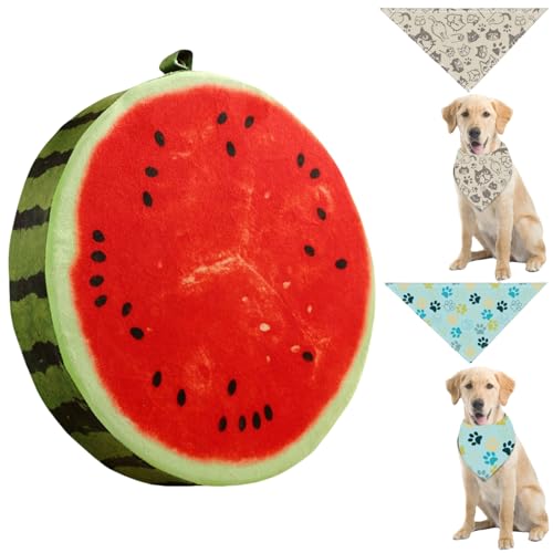 Runde Haustierbett-Kissen Lustiges Obst-Muster Weiches Kissen-Pad mit 2 Stück Haustier-Sabbertüchern 39 cm Bettmatte für Hunde und Katzen (Beidseitige Wassermelone) von Luxetoys