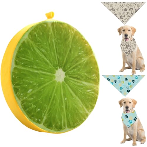 Runde Haustierbett-Kissen Lustiges Obst-Muster Weiches Kissen-Pad mit 2 Stück Haustier-Sabbertüchern 39 cm Bettmatte für Hunde und Katzen (Beidseitige Zitrone) von Luxetoys