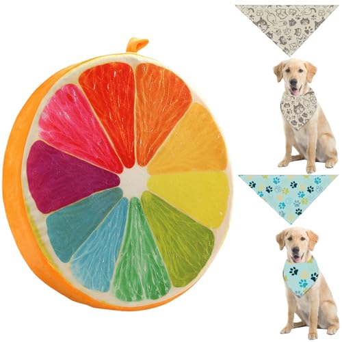 Runde Haustierbett-Kissen Lustiges Obst-Muster Weiches Kissen-Pad mit 2 Stück Haustier-Sabbertüchern 39 cm Bettmatte für Hunde und Katzen (Beidseitige bunte Orange) von Luxetoys