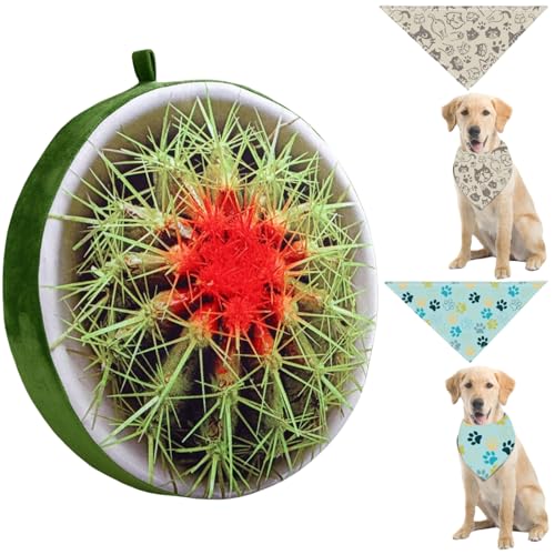 Runde Haustierbett-Kissen Lustiges Obst-Muster Weiches Kissen-Pad mit 2 Stück Haustier-Sabbertüchern 39 cm Bettmatte für Hunde und Katzen (Beidseitiger Kaktus) von Luxetoys
