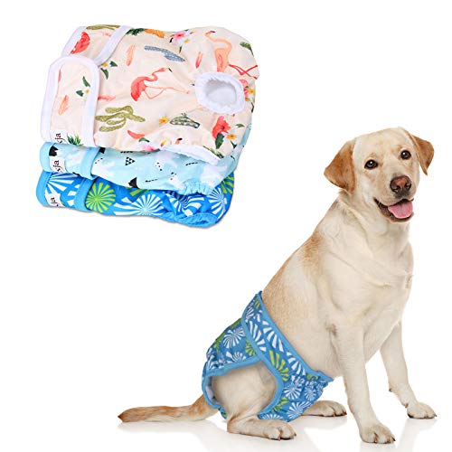 LUXJA Hundewindeln, wiederverwendbar, waschbar, für weibliche Hunde, Large 1, 3er-Packung: Flamingos + Eisbären + Blumen von Luxja