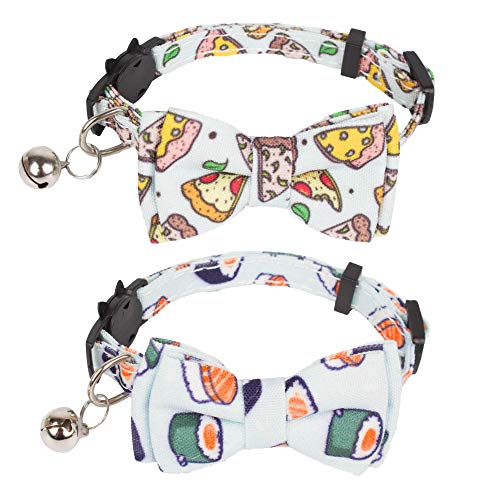 Katzenhalsband mit niedlicher Fliege und Glöckchen, 2 Stück, Kätzchen-Halsband mit abnehmbarer Fliege, Sushi, Donut-Burger, Pizza-Muster, Katzenfliege, Halsband für Katzen und Kätzchen (Pizza und von LuxurySP