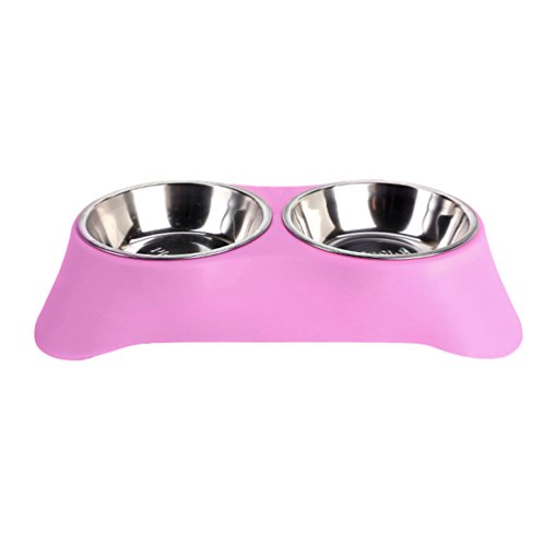 LvRao Hundenapf Rutschfeste Kunststoffschale Doppel Näpfe Edelstahlnapf Entfernbar Hunde Katzen Futter Wasser-Schüssel für Kleintiere (Pink, 11 * 3.5cm) von LvRao