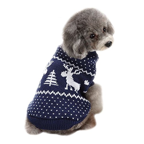 LvRao Welpe Hund Katze Strickpullover Sweater Niedlich Jumper Haustier Weihnachten Kostüm Mantel (Blau Rentier, XS) von LvRao