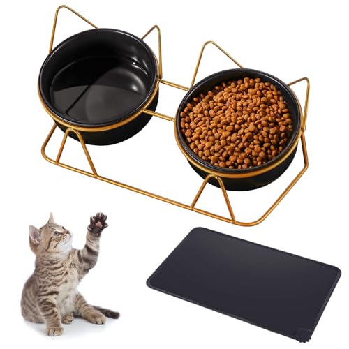 Lvefyti Katzennapf Erhöht Keramik, Fressnapf 2er Set mit Unterlage Katzen Napfset Porzellan mit Katzennapfmatte für Essen und Trinken Erhoehter Futternapf Katze Hundenapf Erhöht(Gold) von Lvefyti