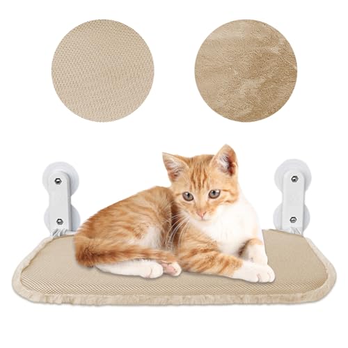 Lvjkes Katzen Fensterliege,Fensterliege für Katzen,52x30 cm Faltbare,Mit stabilem metallrahmen 4 starken Saugnäpfen,Verschiedene Stoffe Oben und unten,passend für alle Jahreszeiten (Beige) von Lvjkes