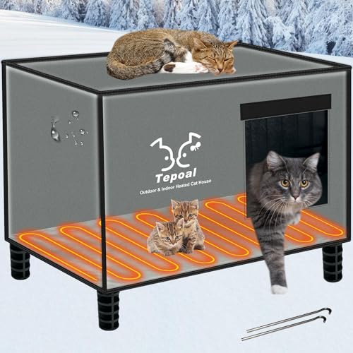 Tepoal unzerstörbares, beheiztes Katzenhaus für Outdoor-Katzen im Winter, extrem wasserdicht, vollständig isoliert, für draußen, Wildkatzenhaus für streunende Scheunenkatzen, Grau, Größe M - 33 x 53,3 von Lxheir