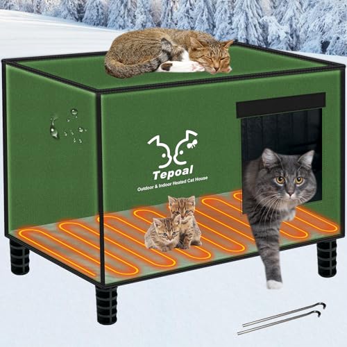 Tepoal unzerstörbares, beheiztes Katzenhaus für Outdoor-Katzen im Winter, extrem wasserdicht, vollständig isoliert, für draußen, Wildkatzenhaus für streunende Scheunenkatzen, Grün, Größe M - 33 x 53,3 von Lxheir