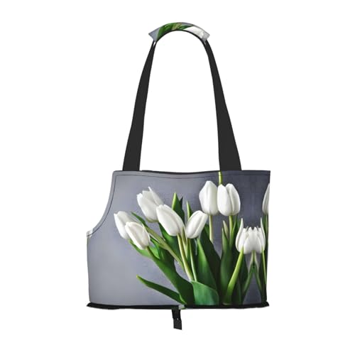 Lxqlss Weiße Tulpen Blumen Stilvolle und tragbare Haustier-Umhängetasche – Haustier-Tragetasche für kleine Hunde – Haustier-Tragetasche, Crossbody-Tasche für Haustiere von Lxqlss