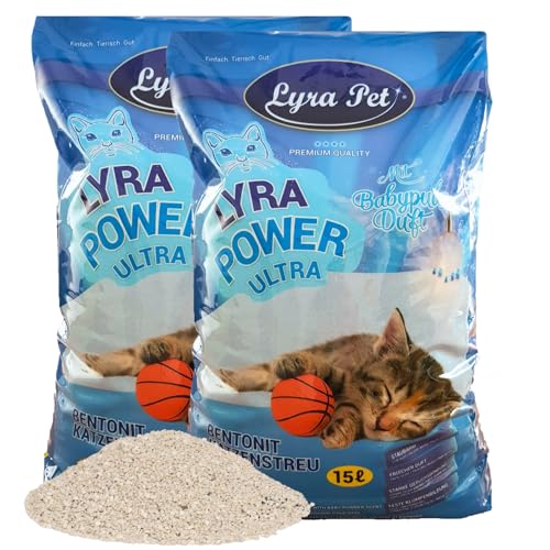 Lyra Pet® | 2 x 15 Liter Lyra Power Ultra Excellent Katzenstreu | Babypuderduft | Klumpendes Streu | 350% Saugkraft | Naturprodukt Bentonit | Stark Klumpend | Saubere Wohnung | Neutralisiert Gerüche von Lyra Pet