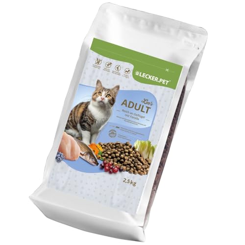 Lecker.Pet® | 10 kg Leo's Adult Geflügel & Forelle Katzen Trockenfutter Vollnahrung | Glutenfreies Katzenfutter | Trockenvollnahrung für Erwachsene Katzen | Nährstoffreiche Proteinquelle mit Fisch von Lyra Pet