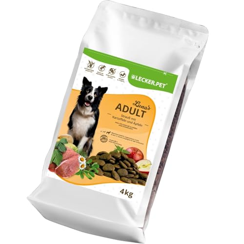 Lecker.Pet® | 12 kg Luna's Strauß mit Kartoffel & Apfel Hunde Trockenfutter Vollnahrung | Getreidefreie Trockenvollnahrung | Alleinfutter für Erwachsene Hunde | Nährstoffreiche Proteinquelle von Lyra Pet