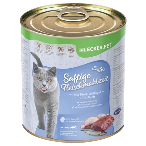 Lecker.Pet® | 12 x 400 g Emily's Saftige Fleischmahlzeit mit Rind, Geflügel & Fisch Katzen Nassfutter | Hochwertiges Katzenfutter | Glutenfreie Vollnahrung ohne Zucker| Reich an Proteinen & Vitaminen von Lyra Pet