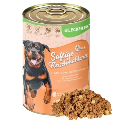 Lecker.Pet® 12 x 400 g Gino's Saftige Fleischmahlzeit mit Huhn & Kartoffeln Hundenassfutter | Hochwertiges Hundefutter | Reich an Proteinen & Mineralien | Getreidefrei & ohne künstlichen Zuckerzusatz von Lyra Pet