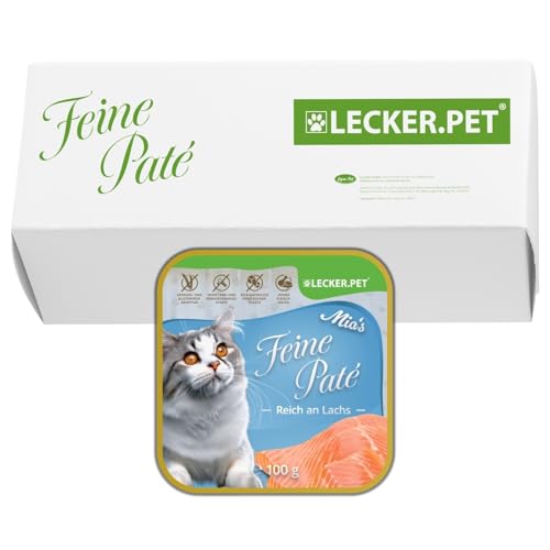 Lecker.Pet® | 17 x 100 g Mia's Feine Paté Reich an Lachs Katzenfutter Vollnahrung | Nassfutter in praktischer Schale | Getreidefrei & Glutenfrei | Hochwertiges Futter | Reich an Proteinen & Mineralien von Lyra Pet