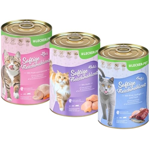 Lecker.Pet® | 18 x 400 g Balu's, Emily's & Leo's Saftige Fleischmahlzeit Katzenfutter Nassfutter Mix Vollnahrung - je Sorte 6 Dosen | Ohne Zusatz- und Konservierungsstoffe | Reich an Proteinen von Lyra Pet