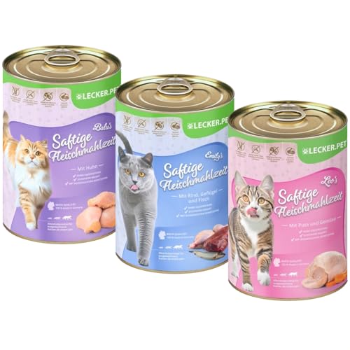 Lecker.Pet® | 18 x 400 g Balu's, Emily's & Leo's Saftige Fleischmahlzeit Katzenfutter Nassfutter Mix Vollnahrung - je Sorte 6 Dosen | Ohne Zusatz- und Konservierungsstoffe | Reich an Proteinen von Lyra Pet