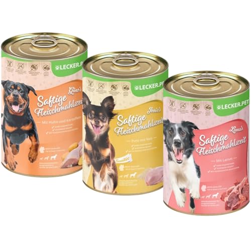 Lecker.Pet® | 18 x 400 g Gino's, Josie's & Luna's Saftige Fleischmahlzeit Hundefutter Nassfutter Mix Vollnahrung | Je Sorte 6 Dosen | Ohne Getreide & Zuckerzusatz | Reich an Proteinen von Lyra Pet