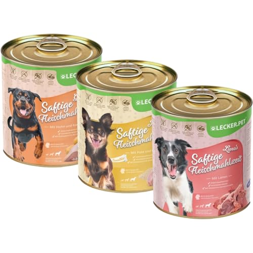 Lecker.Pet® | 18 x 800 g Gino's, Josie's & Luna's Saftige Fleischmahlzeit Hundefutter Nassfutter Mix Vollnahrung - je Sorte 6 Dosen | Ohne Zusatz- und Konservierungsstoffe | Reich an Proteinen von Lyra Pet