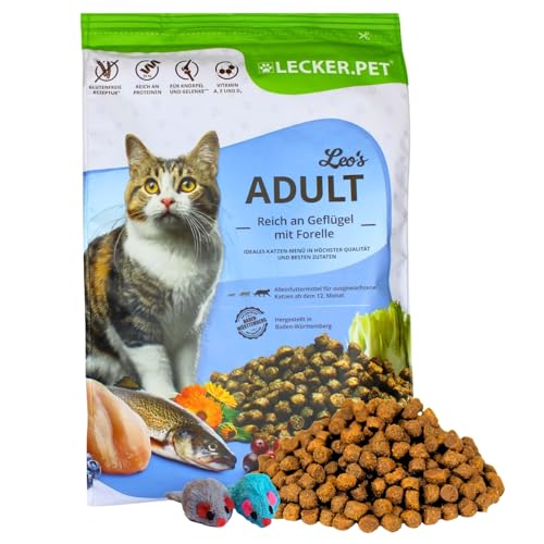 Lecker.Pet® | 2,5 kg Leo's Adult Geflügel & Forelle Katzen Trockenfutter Vollnahrung + 2 Mäuse | Glutenfreies Katzenfutter | Trockenvollnahrung für Erwachsene Katzen | Nährstoffreiche Proteinquelle von Lyra Pet