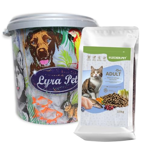 Lecker.Pet® | 2,5 kg Leo's Adult Geflügel & Forelle Katzen Trockenfutter Vollnahrung + 30 L Tonne | Glutenfreies Katzenfutter | Trockenvollnahrung für erwachsene Katzen | Nährstoffreiche Proteinquelle von Lyra Pet