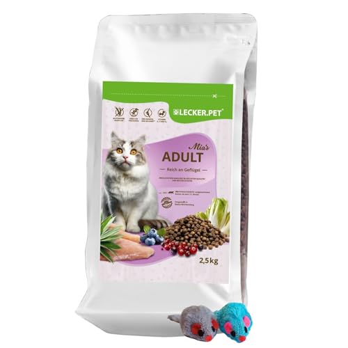 Lecker.Pet® | 2,5 kg Mia's Adult Herzhaftes Geflügel Katzen Trockenfutter Vollnahrung + 2 Mäuse | Glutenfreies Katzenfutter | Trockenvollnahrung für Erwachsene Katzen | Nährstoffreiche Proteinquelle von Lyra Pet