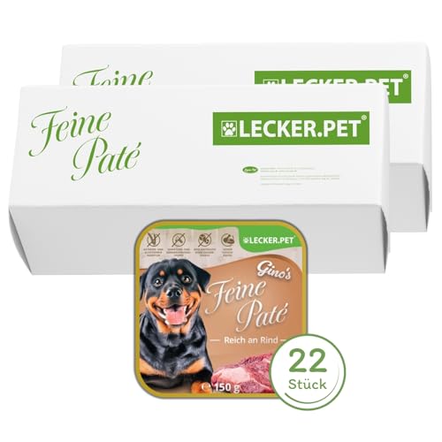 Lecker.Pet® | 22 x 150 g Gino's Feine Paté Reich an Rind Hunde Nassfutter | Hochwertiges Hundefutter | Natürlich & ohne Zuckerzusätze | Reich an Proteinen & Mineralien | Getreidefrei & Glutenfrei von Lyra Pet