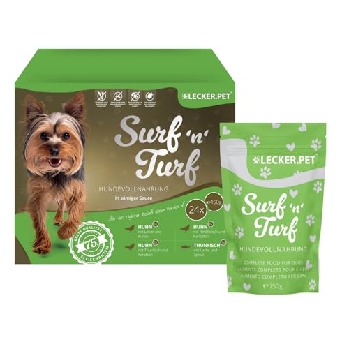 Lecker.Pet® 24 x 150 g Surf'n'Turf Pouches Hundefutter Nassfutter - 4 Sorten Multipack | Hochwertiges Hundenassfutter | Reich an Proteinen & Mineralien | Getreidefrei & ohne künstlichen Zuckerzusatz von Lyra Pet