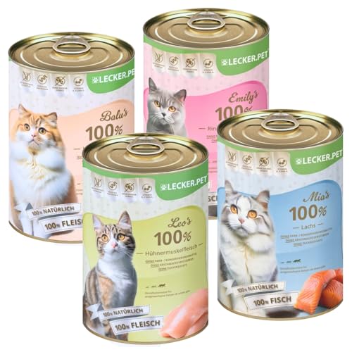 Lecker.Pet® | 24 x 400 g Lecker.Pet® Balu?s, Emily's, Leo's & Mia's 100% Fleisch & Fisch Katzenfutter Nassfutter Mix - je Sorte 6 Dosen | Ohne Getreide & Zusatzstoffe | Reich an Proteinen & natürlich von Lyra Pet